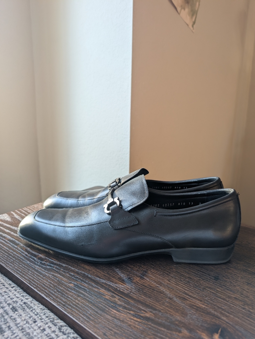 Salvatore Ferragamo Black Leather Gancini Horsebit Buckle Slip-on Dress Shoes